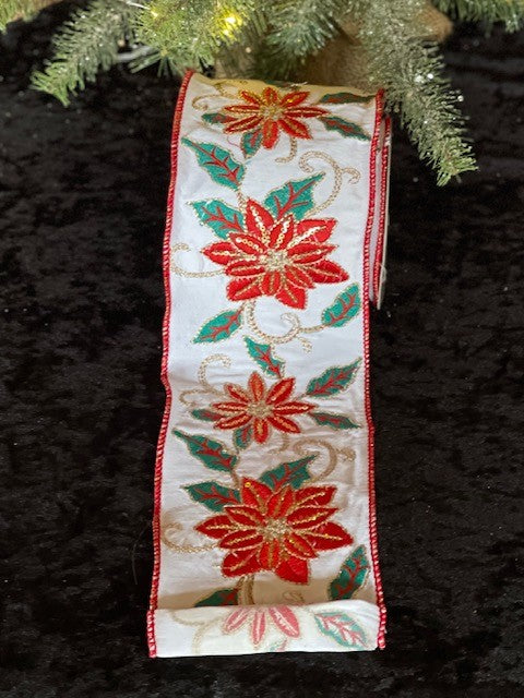POINSETTIA EMBROIDERED IVORY 4" WIRE EDGE RIBBON R4171885