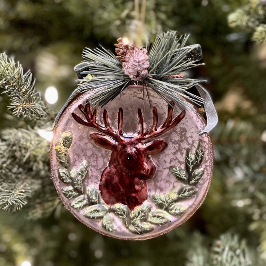ROUND ANTIQUE GLASS REINDEER DISC ORNAMENT 4220857