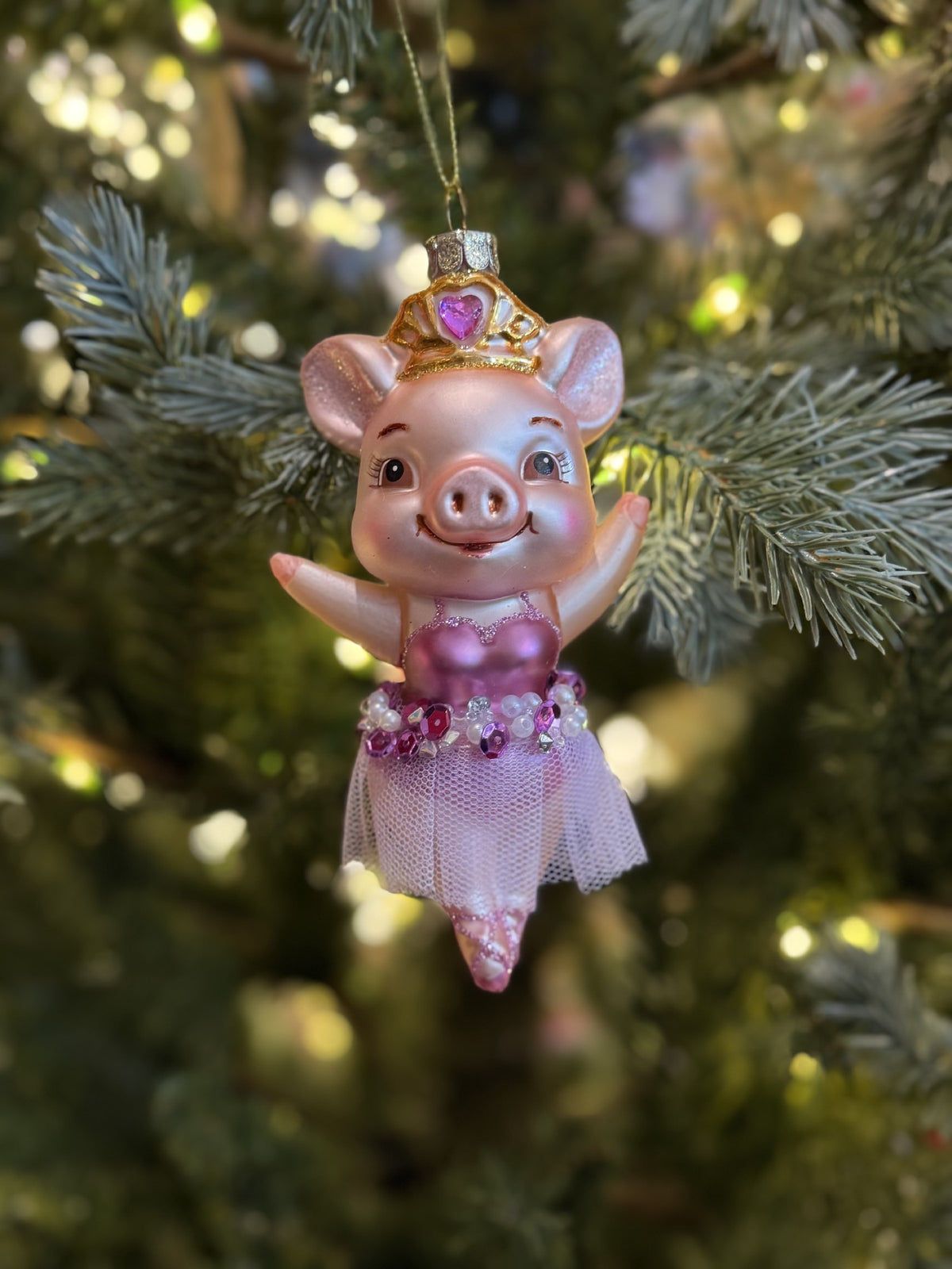 PURPLE PIG BALLERINA GLASS HANGING ORNAMENT 4652978