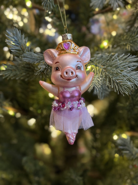 PURPLE PIG BALLERINA GLASS HANGING ORNAMENT 4652978