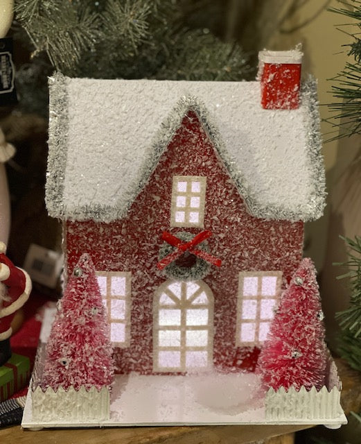 BLUSHING HOLIDAY RED LIGHTED HOUSE WITH TREES 4219091