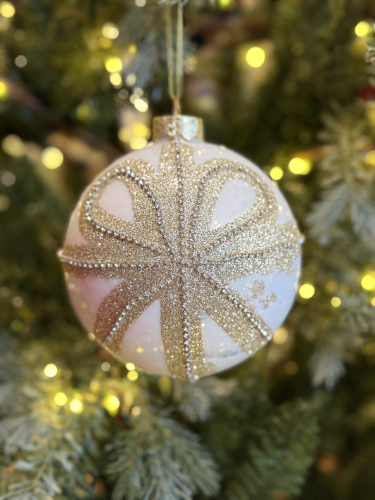 WHITE GLASS BAUBLE W GOLD BOW 4623097