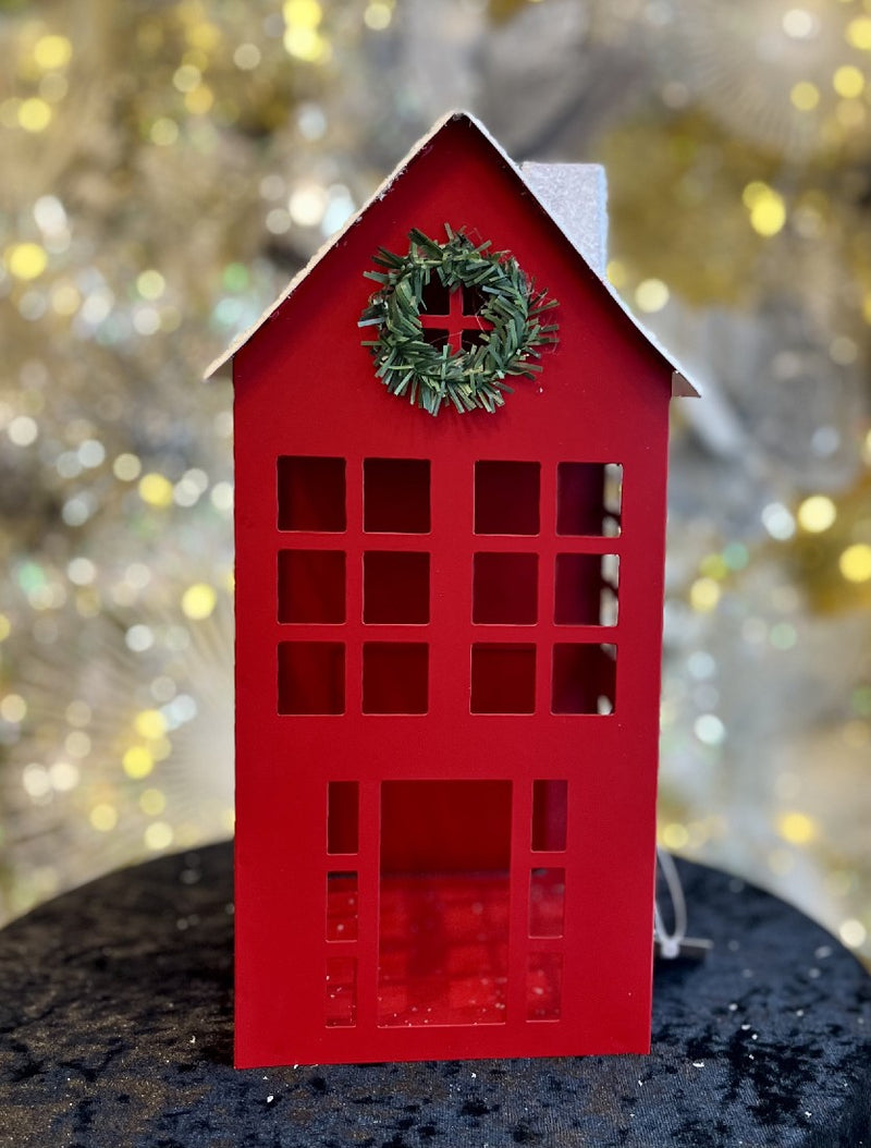 RAZ IMPORTS RED TALL METAL HOUSE WITH SNOWY ROOF 4216338