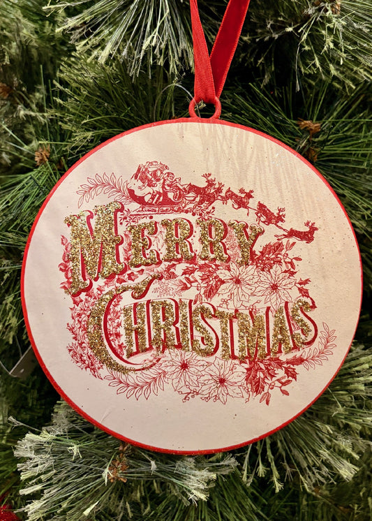 RED & WHITE METAL DISC MERRY CHRISTMAS HANGING ORNAMENT 4536532