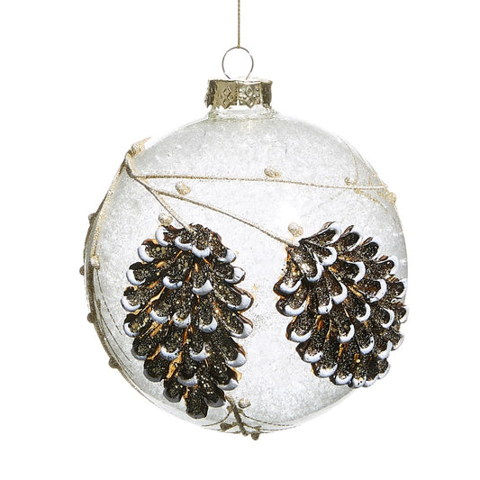 FROSTED GLASS ROUND ORNAMENT WITH PINECONES