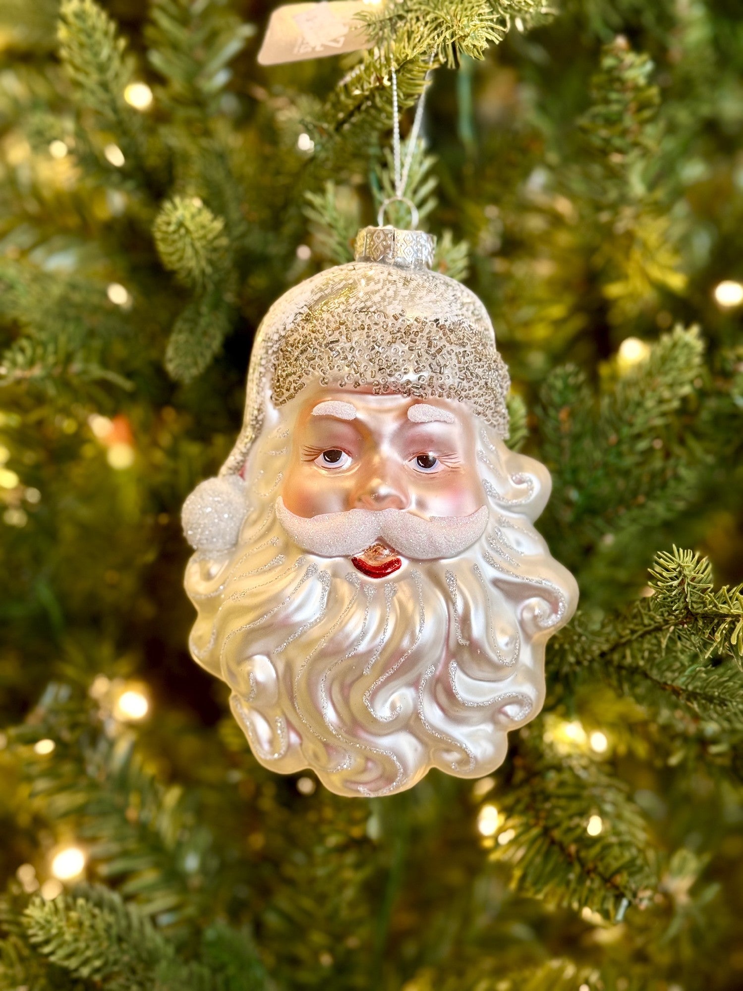 White + Champagne Santa Head Glass Ornament 4524971