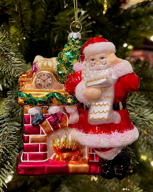SANTA AT FIREPLACE GLASS HANGING ORNAMENT 4524853