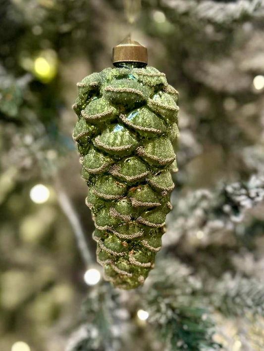 GREEN FROSTED GOLD GLASS PINE CONE ORNAMENT 4523142