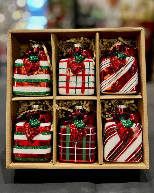 STRIPED & PLAID GLASS PRESENT ORNAMENTS BOX OF 6 4522921