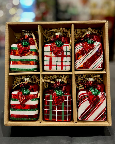 STRIPED & PLAID GLASS PRESENT ORNAMENTS BOX OF 6 4522921