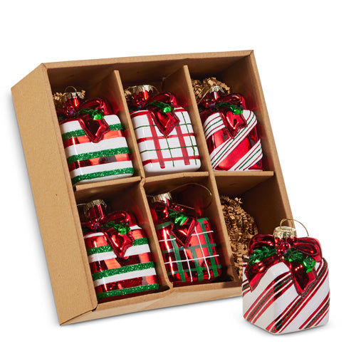 STRIPED & PLAID GLASS PRESENT ORNAMENTS BOX OF 6 4522921
