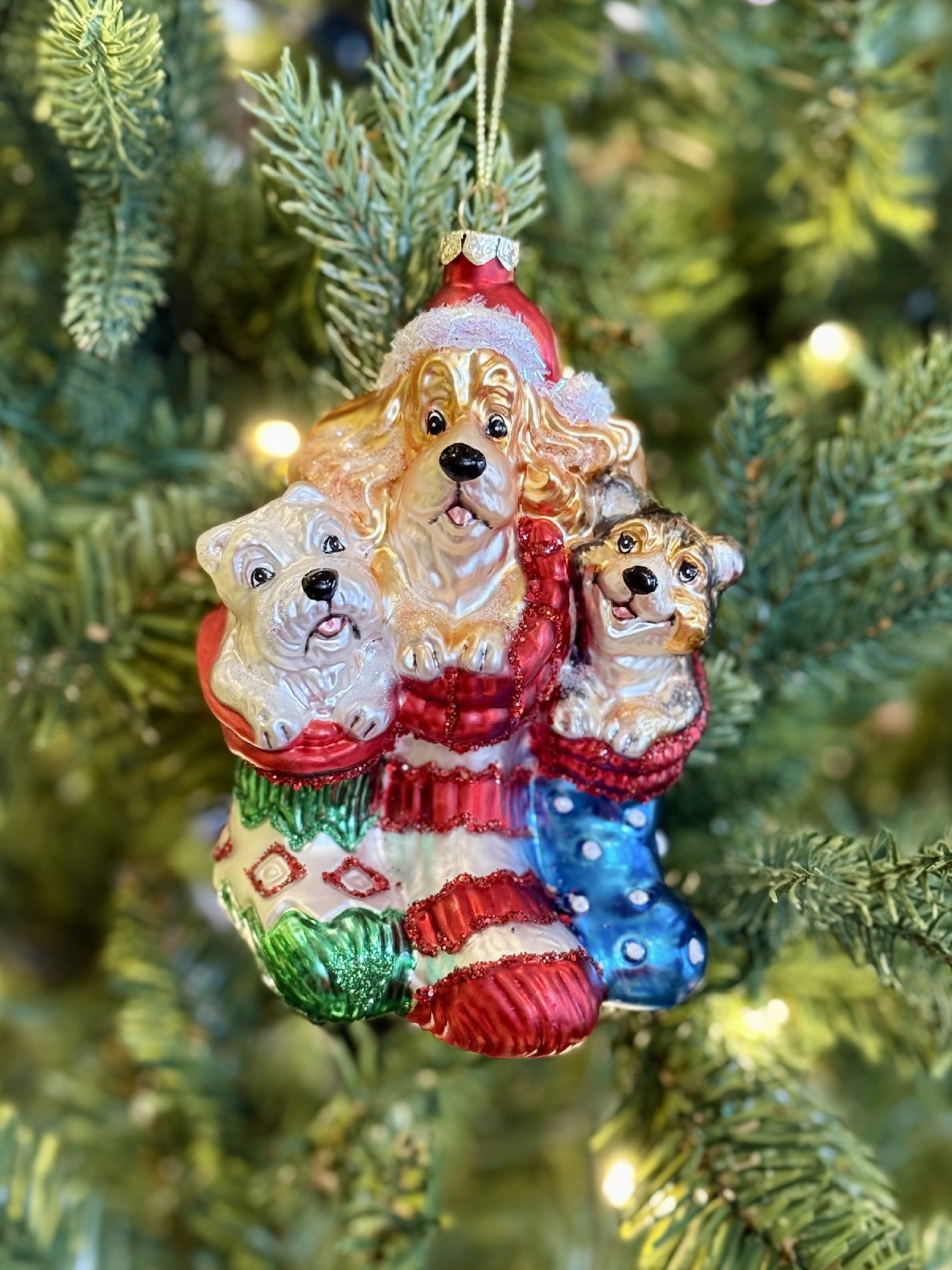 Retro Trio of Dogs in Stocking Glass Ornament 4520100