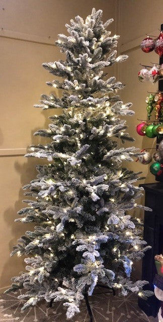 9FT SNOWFLOCKED SLIM FOREVER LIT TREE (NOTE EXTRA POST REQUIRED SEE DESCRIPTION)