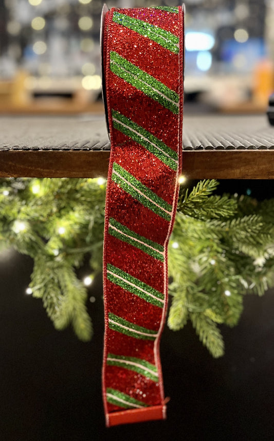 RED & GREEN GLITTER STRIPE WIRE EDGE RIBBON R4471785