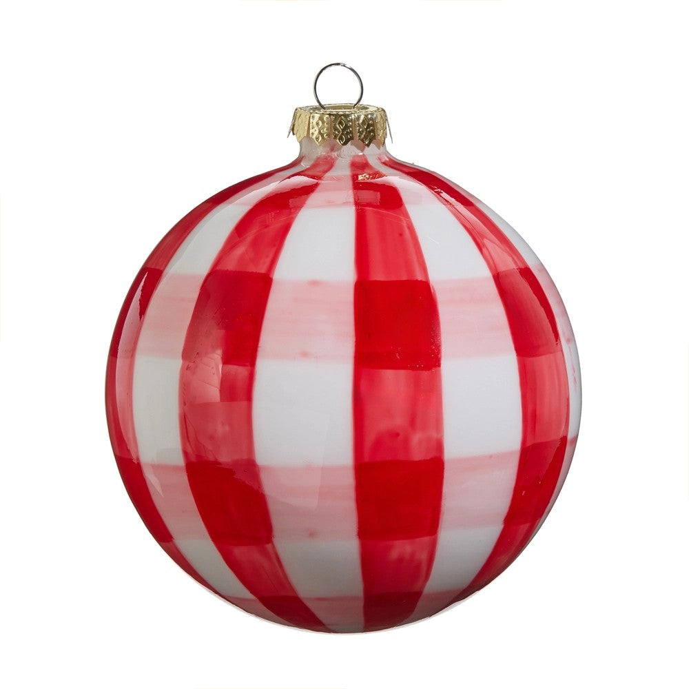  5 INCH GINGHAM PINK & RED ROUND GLASS ORNAMENT 4424516
