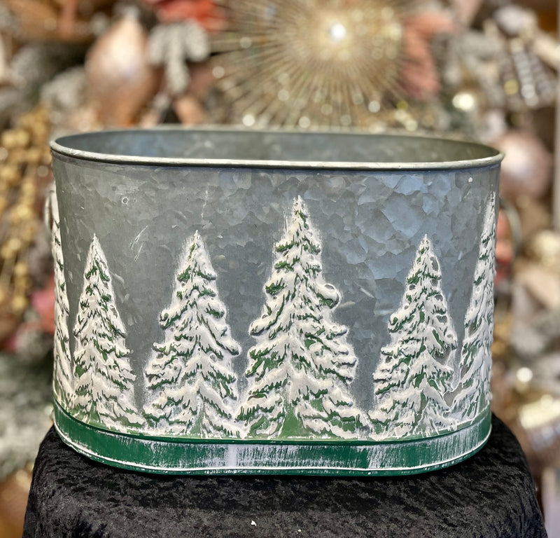 GALVANIZED SMALL OVAL BUCKET WITH EMBOSSED TREES 4312385