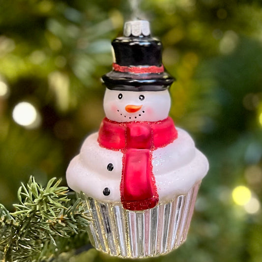 ERIC CORTINA MELTING SNOWMAN CUPCAKE GLASS HANGING ORNAMENT 4353139