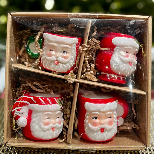 RETRO SANTA MUG SET OF 4 GLASS ORNAMENTS 4352887