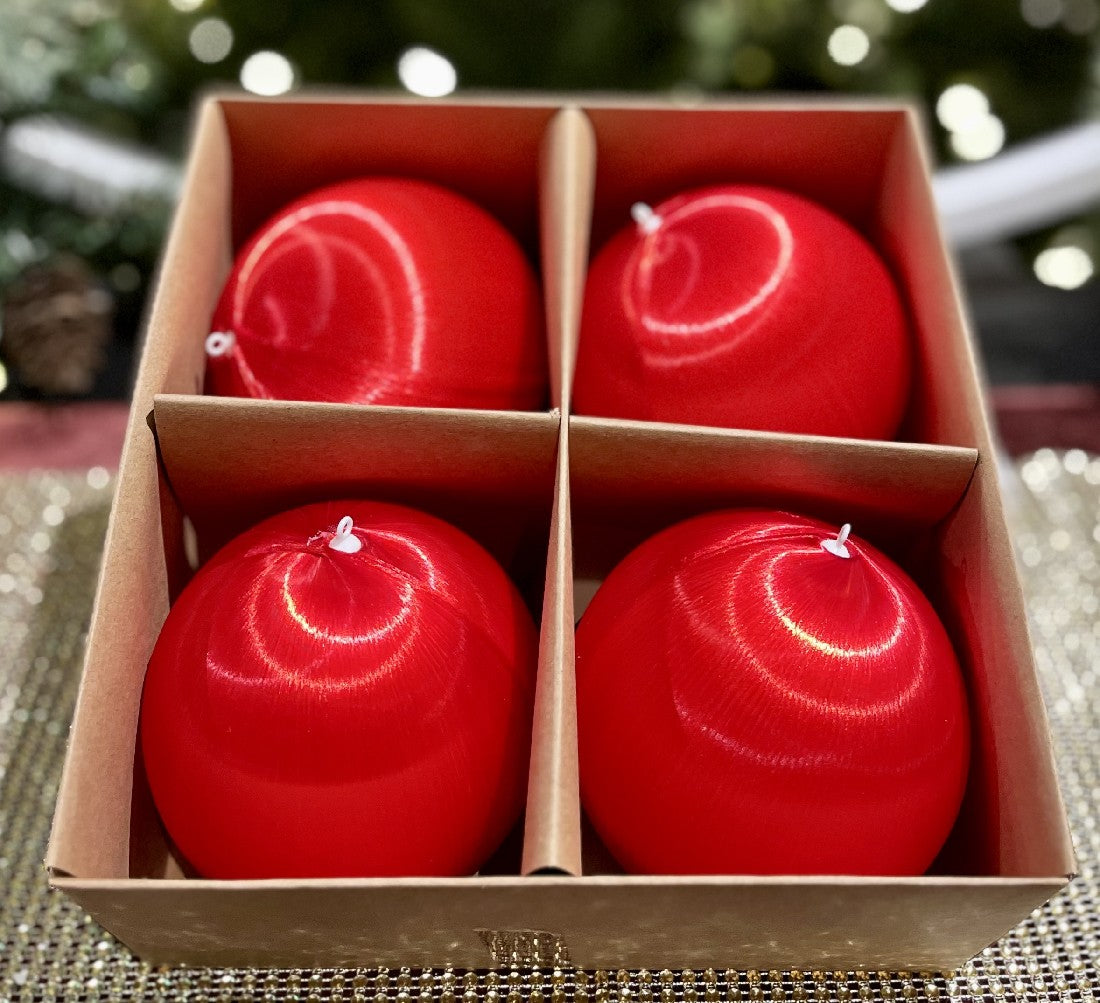 SET OF 4 RED SATIN ROUND HANGING ORNAMENTS IN BOX 4332732