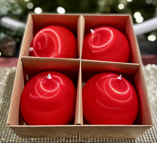 SET OF 4 RED SATIN ROUND HANGING ORNAMENTS IN BOX 4332732