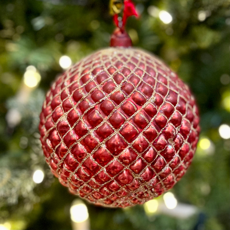RED QUILTED 6 INCH GLASS BALL HANGING ORNAMENT 4322915