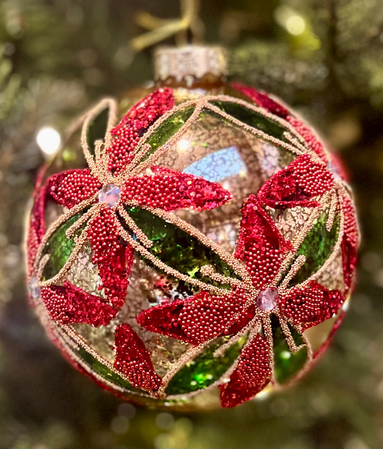 GOLD POINSETTIA 5 INCH ROUND GLASS ORNAMENT 4322836