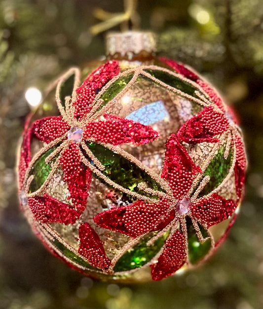 GOLD POINSETTIA 5 INCH ROUND GLASS ORNAMENT 4322836