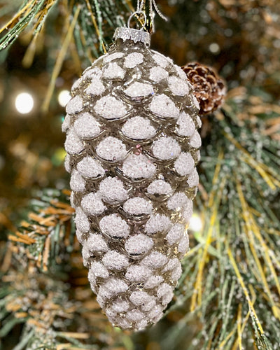 WHITE GLITTER PINECONE 5 INCH GLASS HANGING ORNAMENT 4322818