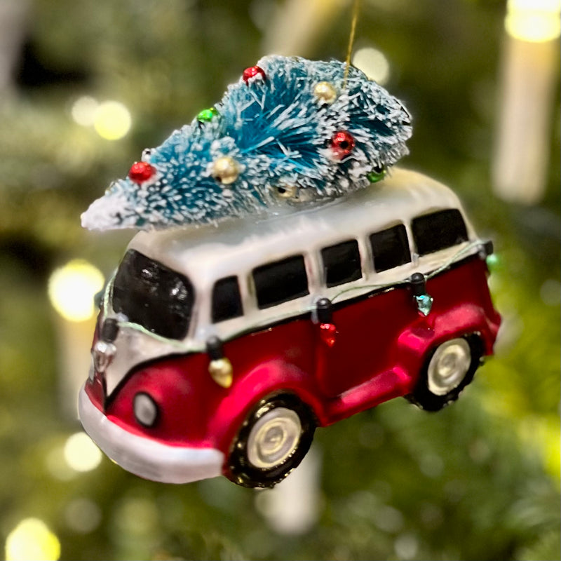 RED KOMBI WITH BOTTLE BRUSH TREE GLASS HANGING ORNAMENT 4320897