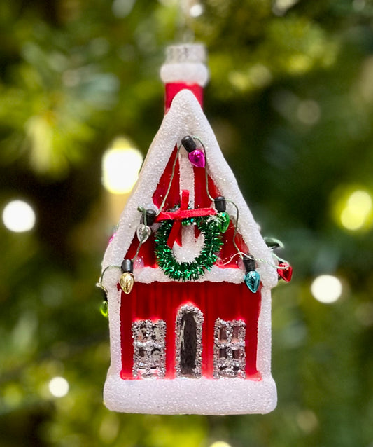 RED GLITTERED HOUSE GLASS ORNAMENT 4320880