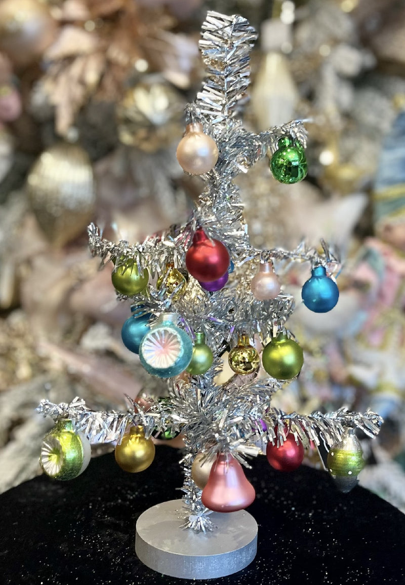 VINTAGE 14 INCH TINSEL TREE WITH ORNAMENTS 4319198