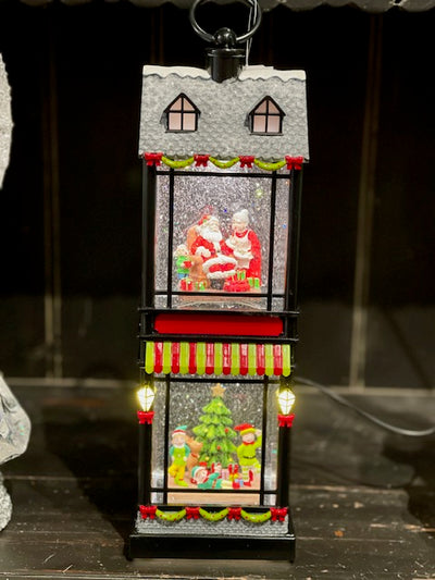 GLITTER LANTERN - TWO STOREY BLACK LANTERN WITH SANTA, MRS CLAUS & ELVES 4316933