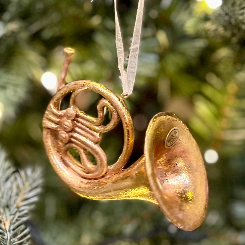 GOLD FRENCH HORN 4 INCH HANGING ORNAMENT 4316163
