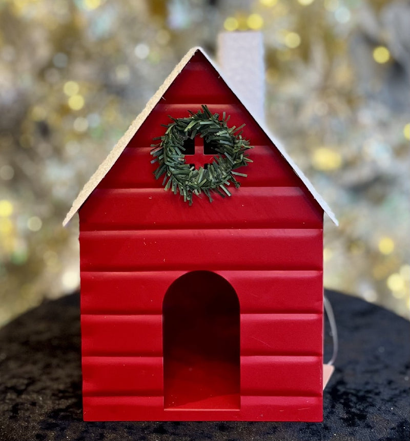 RAZ IMPORTS RED METAL HOUSE WITH SNOWY ROOF 4216339