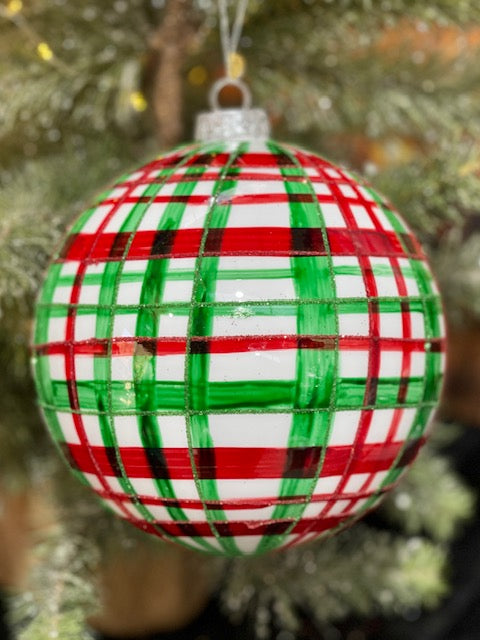 LARGE RED & GREEN PLAID ROUND GLASS HANGING ORNAMENT 4224539