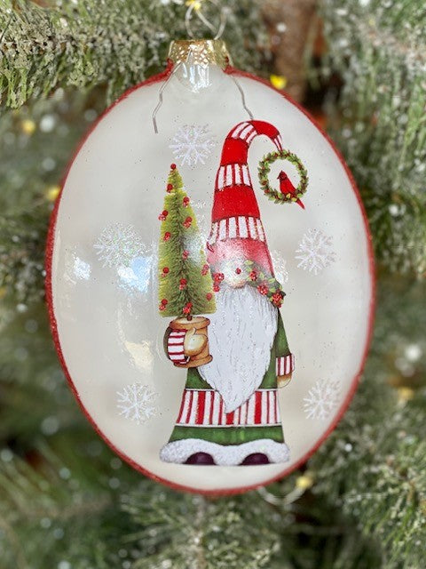 GNOME WITH RED HAT GLASS DISC ORNAMENT 4224524