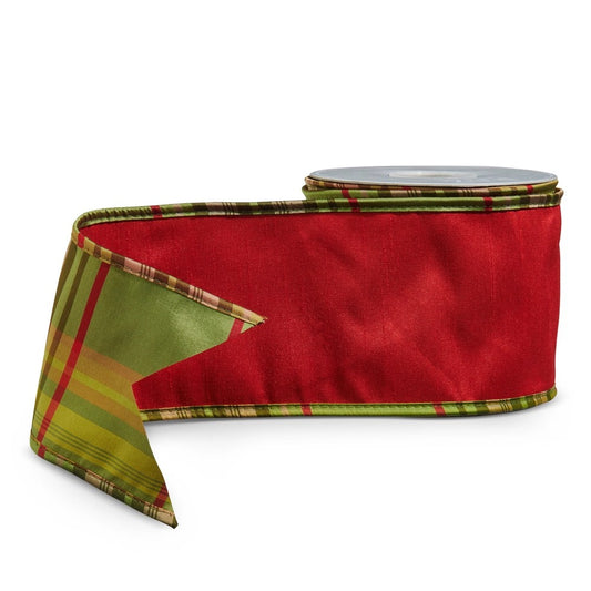 RED SATIN WITH PLAID REVERSE 10 YARD WIRED RIBBON R4527753