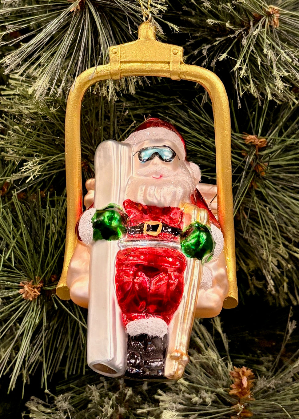 SANTA ON SKI LIFT GLASS HANGING ORNAMENT 4552912
