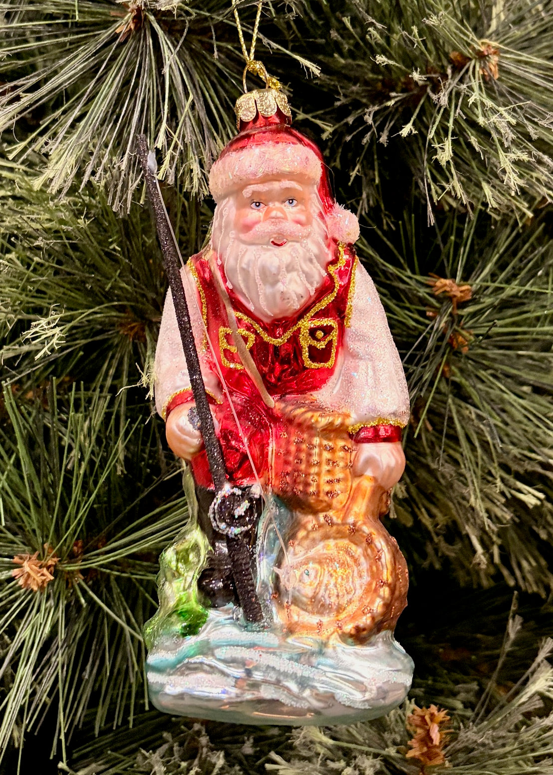 GONE FISHIN' SANTA GLASS HANGING ORNAMENT 4552910