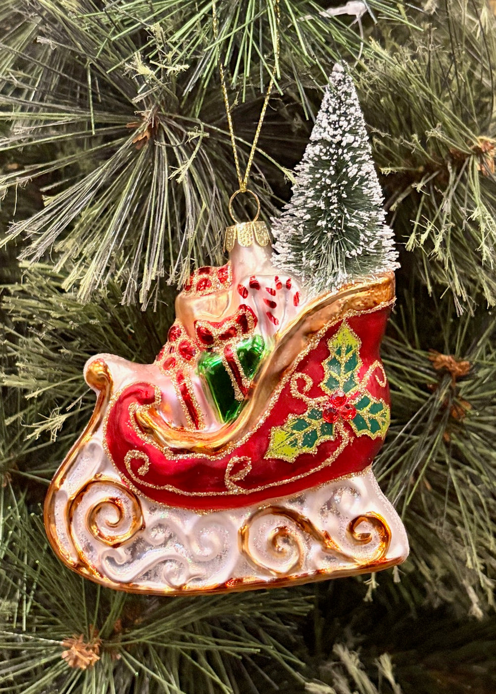 GLASS SLEIGH WITH BRISTLE TREE HANGING ORNAMENT 4552882