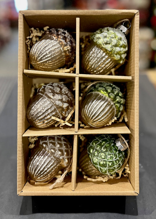 MERCURY GLASS ACORN ORNAMENTS BOX OF 6 4523020