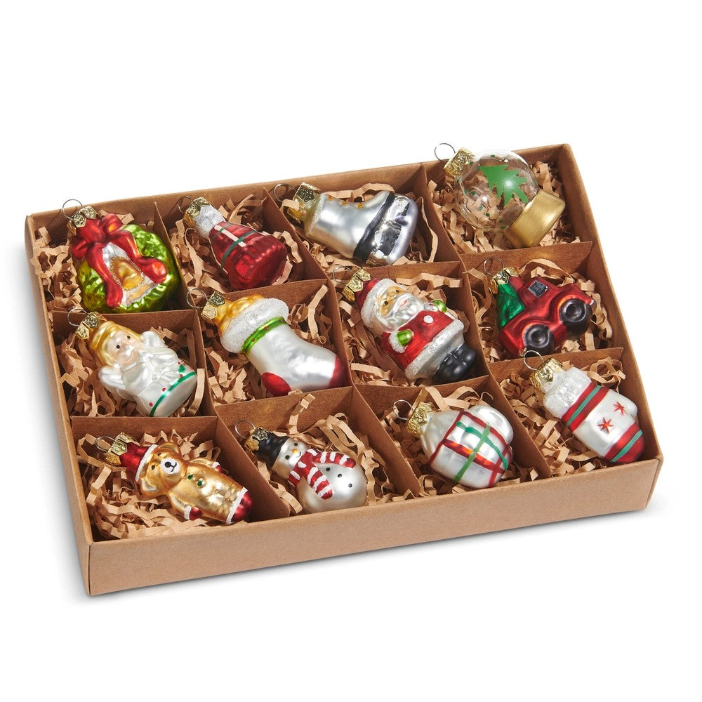 BOX OF 12 VINTAGE ICONIC MINI GLASS ORNAMENTS 4519169