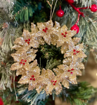 HOLLY WREATH RED/GOLD ORNAMENT