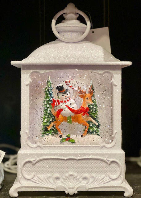 GLITTER LANTERN - WHITE SMALL RECTANGLE VINTAGE WITH SNOWMAN ON REINDEER 4500792