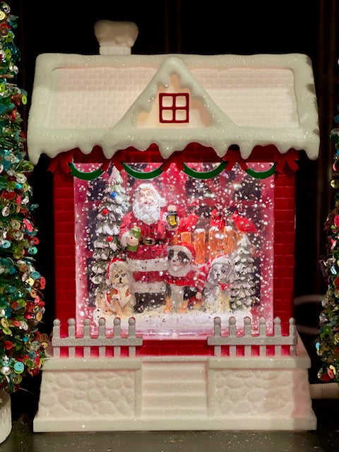 GLITTER LANTERN - RED CHALET SANTA & DOGS SCENE 4500786
