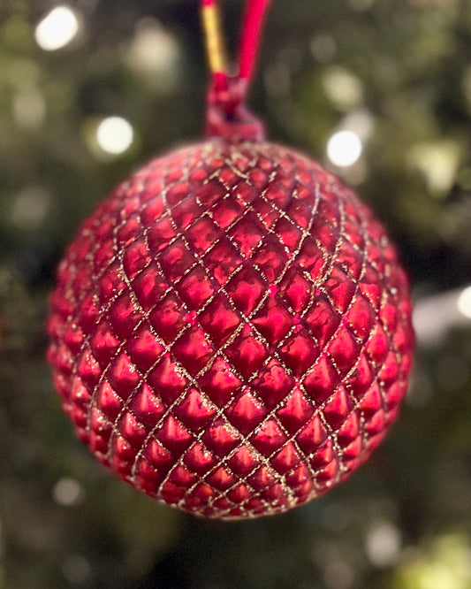 RED QUILTED GLITTER ROUND GLASS ORNAMENT 4422945