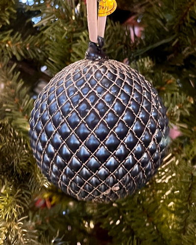 BLUE QUILTED BALL GLASS HANGING ORNAMENT 4422943