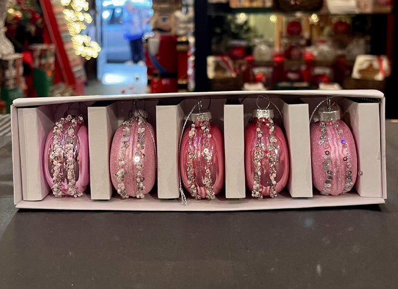 BOX OF 5 PINK GLASS MACAROON ORNAMENTS 4422910