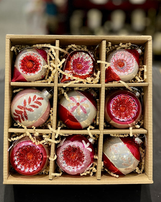 BOX OF 9 VINTAGE PINK HANGING ORNAMENTS 4422850