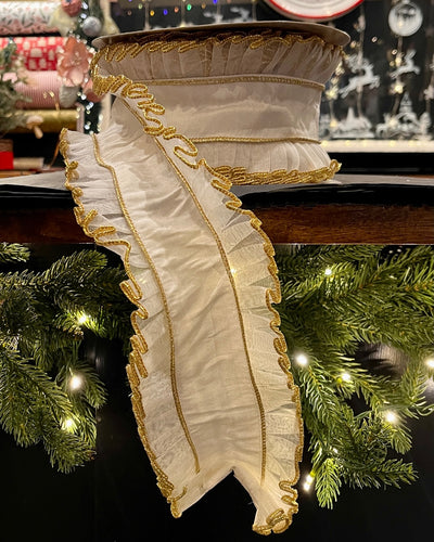 IVORY RIBBON WITH GOLD TRIM RUFFLES 4 INCH X 10 YARDS R4471772